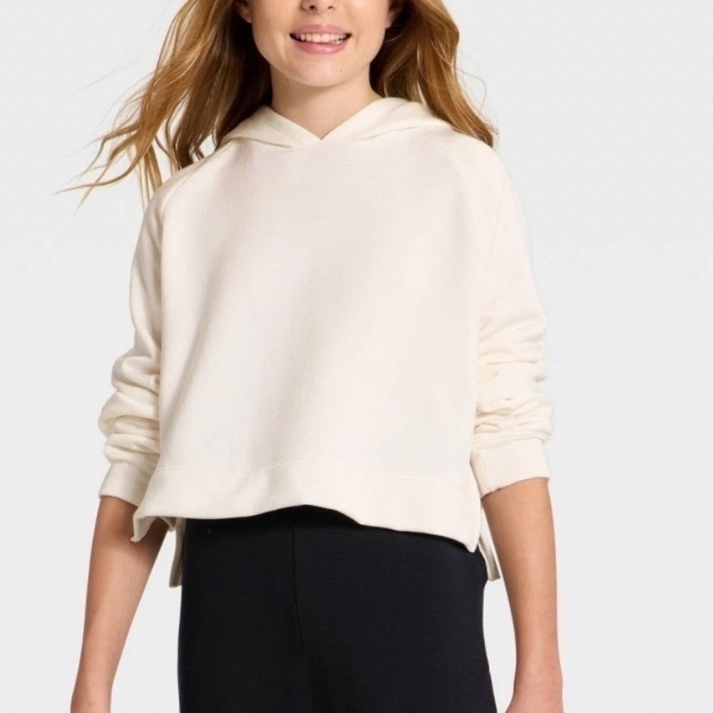 All in Motion Girls Cream Cropped Pullover Hoodie Relaxed Fit L 10/12 NWT